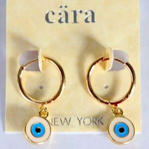 Cara Gold Tone Blue and Cream Enamel Hoop Dangle Earrings